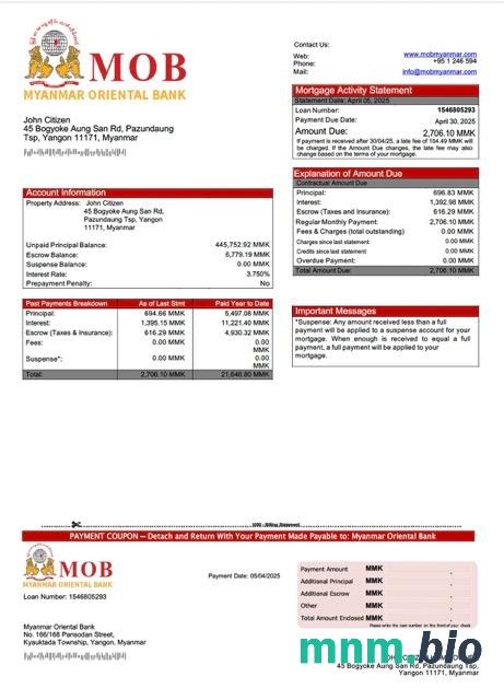 Myanmar Oriental Bank wyciąg z kredytu hipotecznego szablon Word i PDF